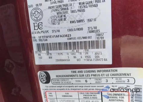 2010 Ford F-150 Fx4/Harley-Davidson/King Ranch/Lariat/Platinum/Xl/Xlt from USA, damaged, VIN 1FTFW1EV1AFA23823